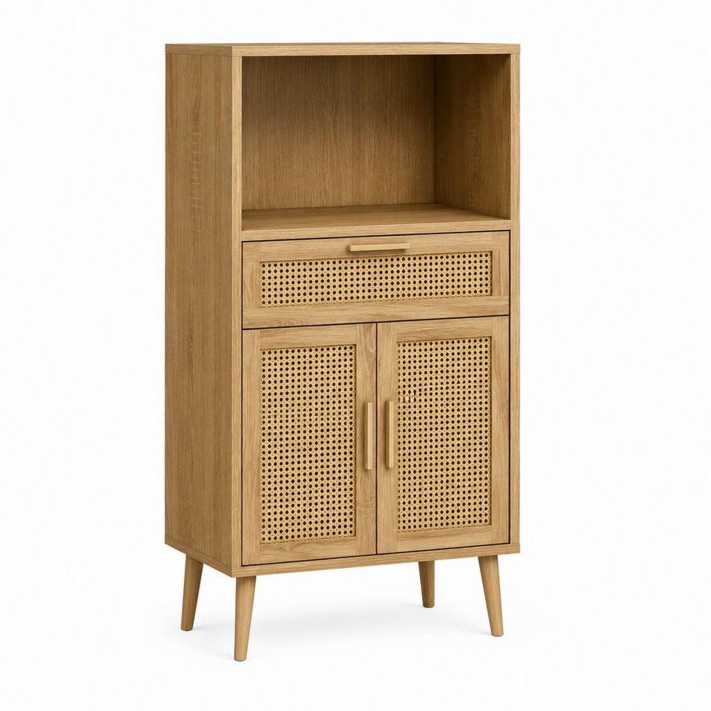 Küchen-Sideboard Hochschrank Eichenfurnier Rattan rechteckig 80 x 40 x 180 cm