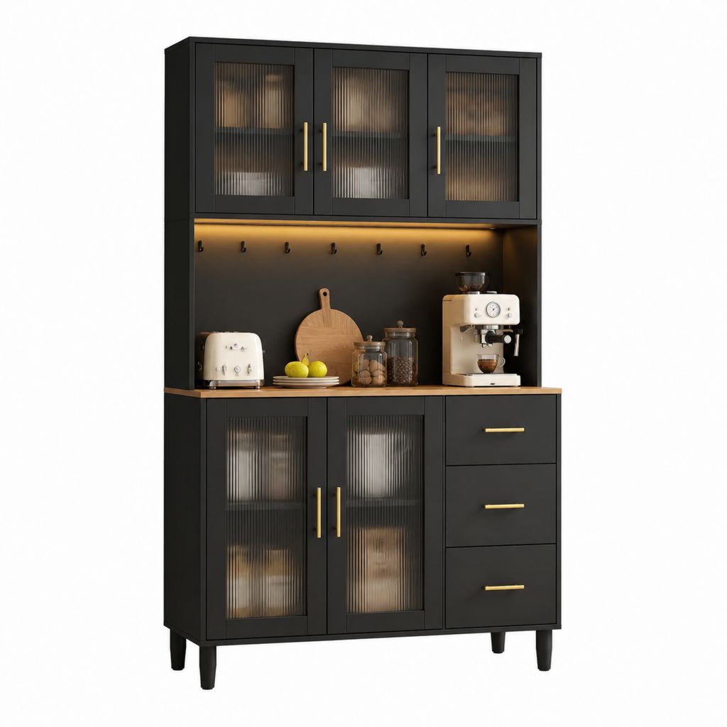 Küchenbuffet mit Vitrinenschränken Schwarz MDF Rechteckig 120 x 40 x 200 cm