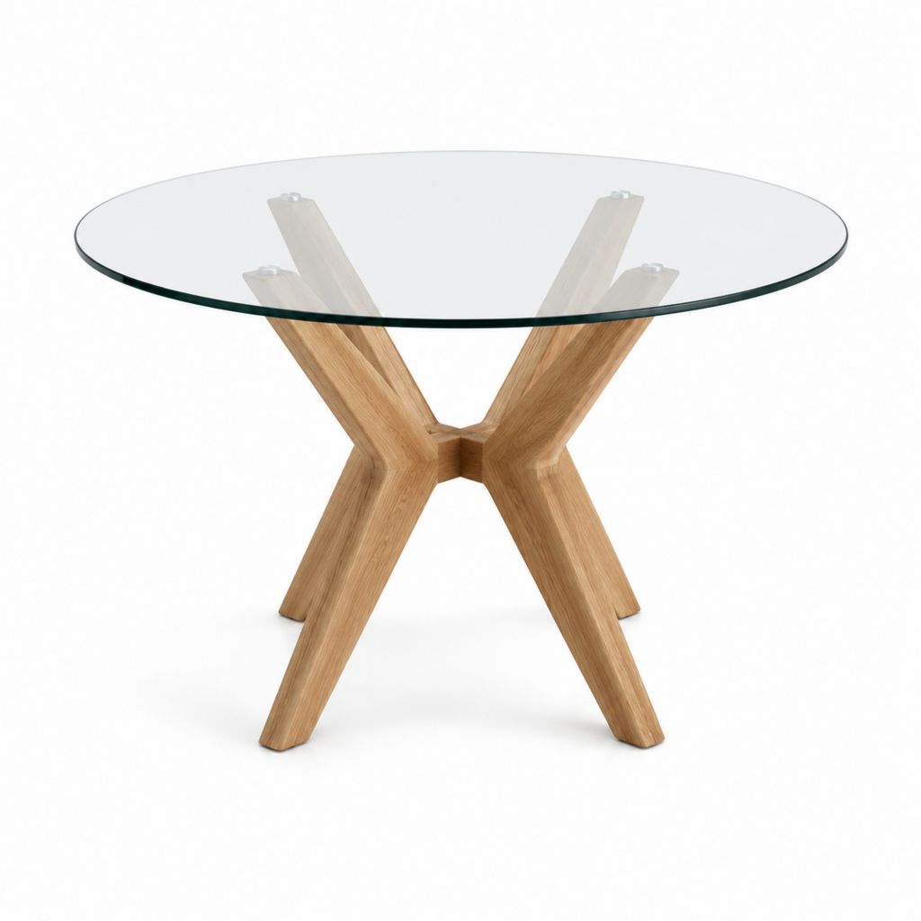 Runder Esstisch transparentes Sicherheitsglas massives Eichenholz Ø 100 cm Höhe 75 cm