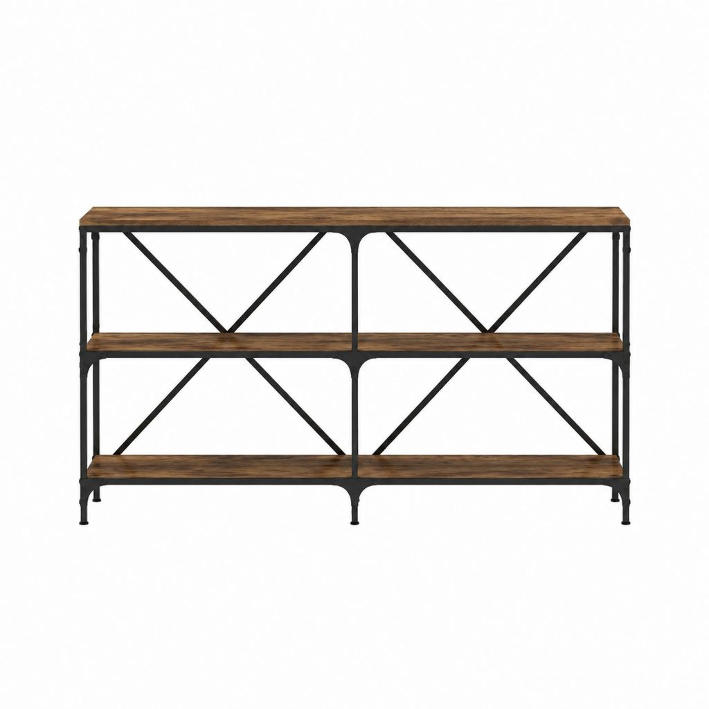 Konsolentisch rechteckig dunkelbraun schwarz aus Spanplatte und Stahl 160 x 35 x 90 cm mit 3 Ablagen